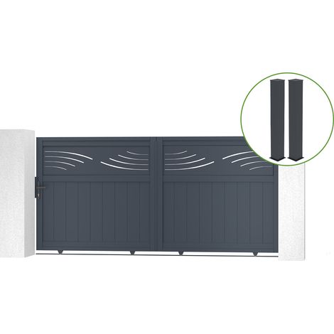 Portail coulissant 3m HALTI H.140cm alu gris + 2 poteaux 20x20cm H.166cm (1/5)