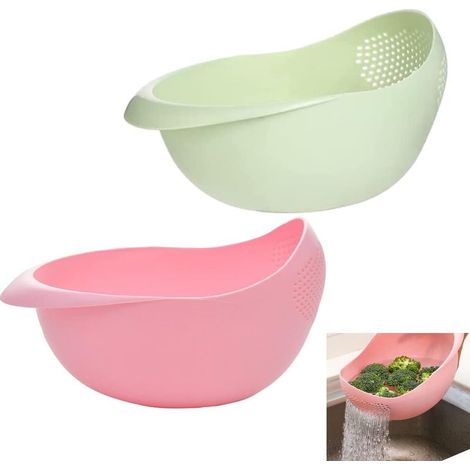 Passoire de Cuisine Plastique,2 Pièces Panier de Vidange pour Cuisine Plastique épaissie Multifonction Portable Bassin de Vidange pour égoutter Pates Légumes Fruits (Rose,Vert) (1/5)