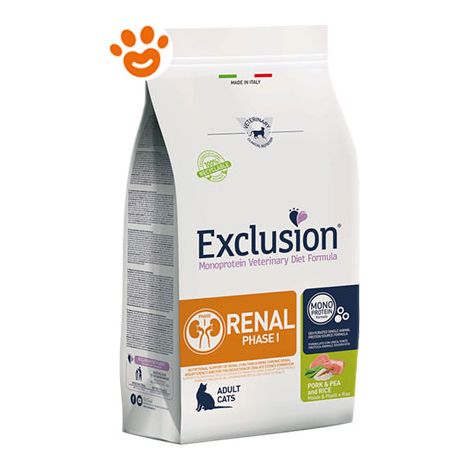 Exclusion Cat Renal Phase 1 Adult Maiale, Riso e Piselli - Sacco 1,5 Kg - Cibo Secco Gatti