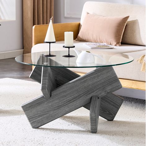 Couchtisch (79x79x45 cm), runde Glasplatte, kreative Kreuzstütze, MDF und Glas, Grau Transparent (1/5)