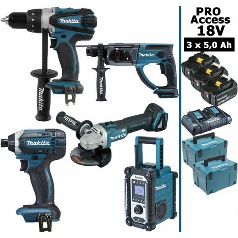 Makita – Pack de 5 outils électroportatifs 18V – Perceuse 91Nm DDF458 – Visseuse à chocs 165Nm DTD152 – Meuleuse 125mm DGA504 – Perforateur 2J DHR202