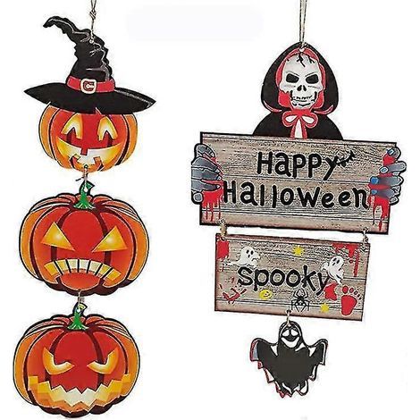 Décorations d'Halloween en bois à suspendre, étiquettes d'Halloween à suspendre avec cordes double face, décoration de fête d'Halloween en bois citrouille fantôme chauve-souris pour la maison Ind Uu (1/3)