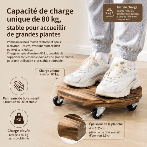 Support pot de fleurs roulant bois massif 1 carré 1 rond roulettes PP 1100 g 31 × 31 × 8 cm 1,1 kg, plateau mobile pour plante – Livraison gratuite
