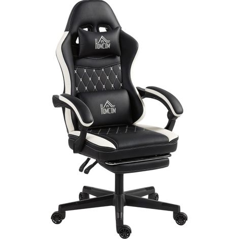 Chaise de jeu avec repose-pieds, dossier inclinable jusqu'à 130°, revêtement en cuir synthétique noir et blanc (1/5)
