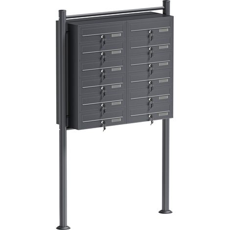 Wiltec 12er Briefkastenanlage Anthrazit 945 x 270 x 1500 mm, Standbriefkasten mit 2x6 Fächern, Schlüssel und Namensschild, Briefkasten Postkasten mit Ständer