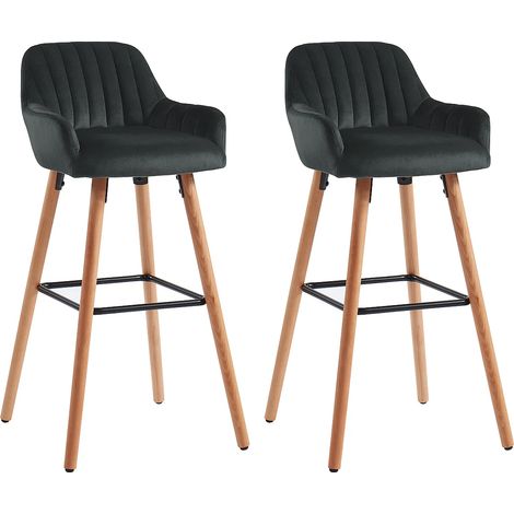 Lot de 2 tabourets de bar en velours et pieds bois de hêtre - Noir - ELEANA (1/5)