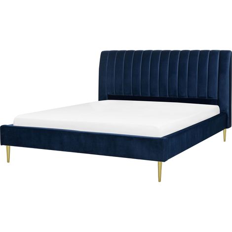 Cama con somier de terciopelo azul marino 180 x 200 cm reposacabezas alto vintage (1/5)