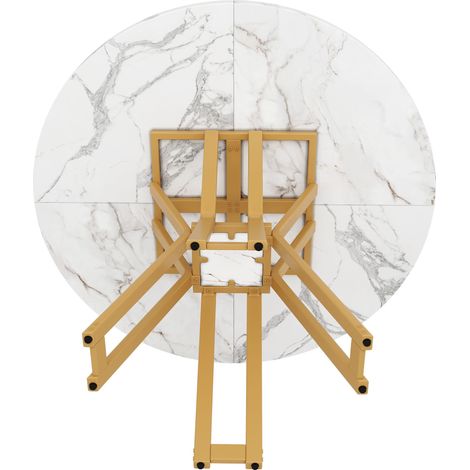 Table à manger, effet marbre, éléments réglables, en MDF et métal, 100 x 100 x 76 cm, doré et blanc (1/5)