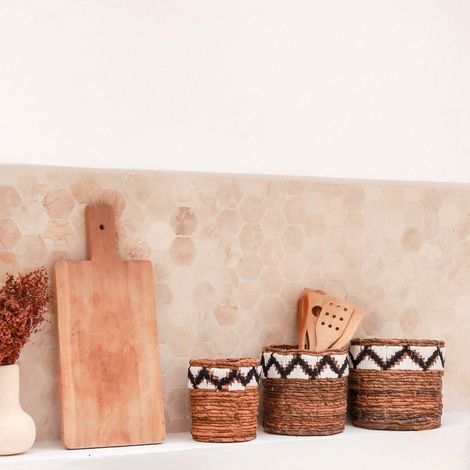 Petit Panier Rond SADARA Cache-pot ou Rangement Style Bohème Tissé avec Motif Macramé - PANGIVO