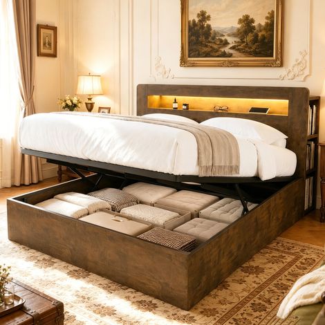 Bett 180x200 cm modern aus Vintage-Holz mit Stauraum, Kopfteilfächern, LED, Steckdosen und hydraulischem Hubsystem (1/5)