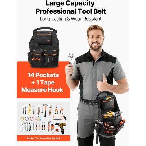 Ceinture Porte Outil 14 Poches Ceinture à Outils Tour de Taille Ajustable 83-127 cm Sacoche Charpentier Amovible et Réglable Sac à… (1/5)