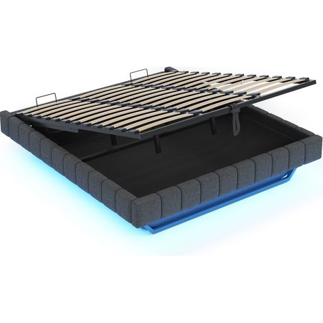 Lit rembourré 180x200 cm, cadre de lit flottant hydraulique avec rangement, lit multifonctionnel sans tête de lit avec éclairage LED, lin gris (1/5)