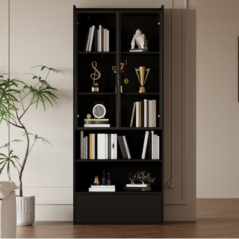 Meuble rangement 80x34x180 cm vitrine LED MDF noir OKMYHOME (1/5)
