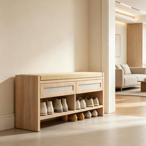 Banquette à chaussures pour entrée assise rembourrée tissu lin, 2 compartiments fermés en rotin et une étagère de rangement ouverte (1/5)