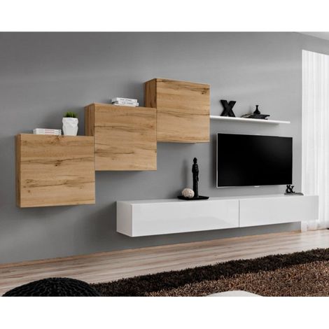 Meuble TV Mural Design "Switch X" 330cm Naturel & Blanc (1/4)