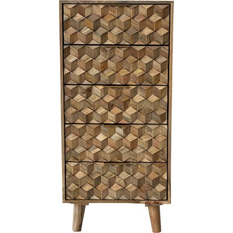 Geometric 5 Drawer Tall Chest - Mango Wood - L40 x W55 x H118 cm - Mango Light Finish