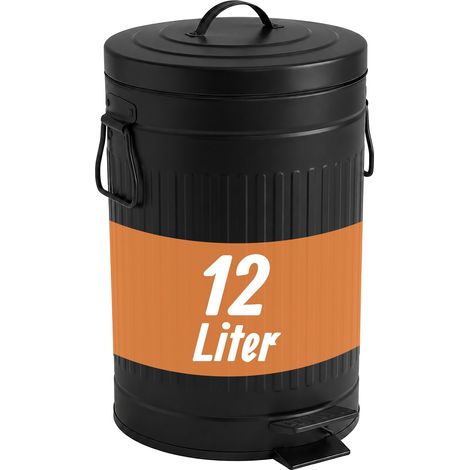 Relaxdays Mülleimer, 12 Liter, Küche, Bad, entnehmbarer Inneneimer, Fußpedal, Softclose, Metall, Tretmülleimer, schwarz (1/5)