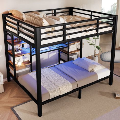 Metall-Etagenbett 140x200 und 90x200 mit Stauraum, LED, USB und Type-C, Schwarz, OKWISH (1/5)