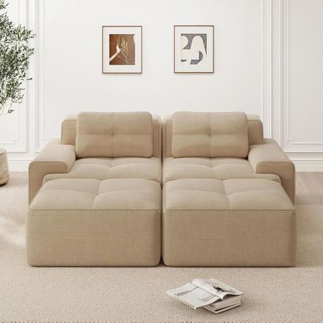 Canapé - KOMHTOM - Modulaire en U - Velours côtelé - 2 places 204x177x69 cm - Pouf inclus (1/5)