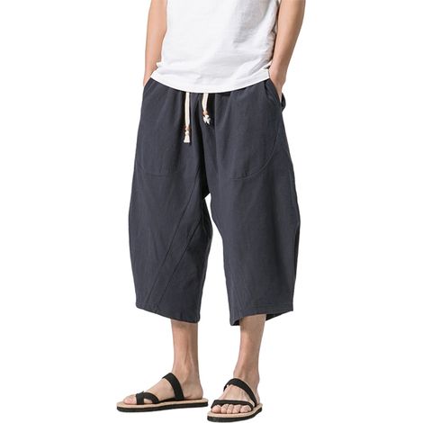 Short homme capri sous le genou, pantacourt lin décontracté, coupe ample, sport plage, cordon élastique, taille fine, décontracté, été, 2 pièces (1/4)