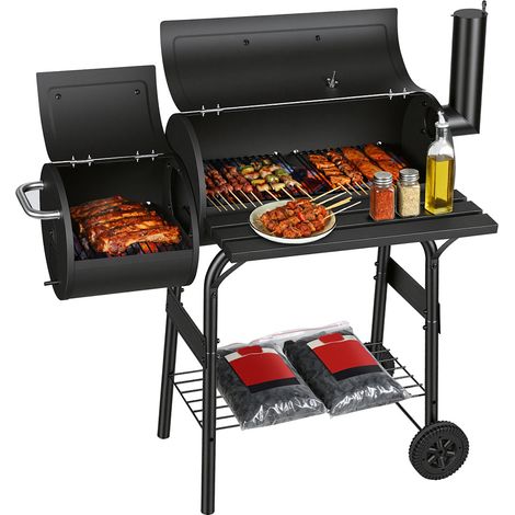 Wolketon Smoker Holzkohlegrill mit 2 Rädern und Temperaturanzeige, Grillwagen mit Deckel, Schwarz