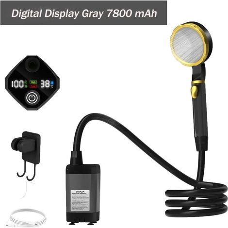 (Gris 7800 mAh) Pompe de douche de camping, kit de douche extérieure pour camping-car, douche de camping avec écran numérique intelligent et réglable, outils d'extérieur