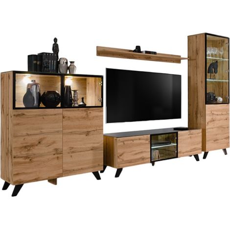 Meublorama – Ensemble de meubles de salon TINO – 4 meubles et étagère – Style industriel – MDF et verre – Coloris chêne Wotan et noir – Montage rapide
