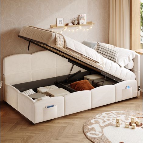 Stauraumbett 90x200 cm Beige aus Samt mit hydraulischem Stauraum, USB-A/C und Staufächern (1/5)
