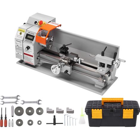 Tour à métaux miniature de précision, 17,8 x 40,7 cm, 800W, vitesse variable 150-2500 tr/min, mandrin 3 mors 9,9 cm, boîte à outils, pour pièces précises. (1/5)