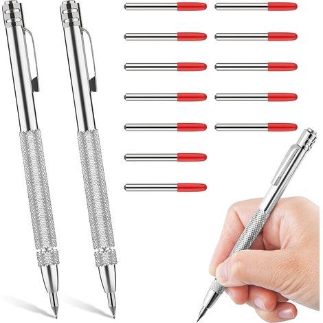 CCYKXA 2 Pack Scribing Tool, Tungsten Carbide Pen, Hard Metal Scribing Needle with Magnet, Scribing Needle with 12 Replacement Red Hat Marking Tips for Glass and Sheet Metal
