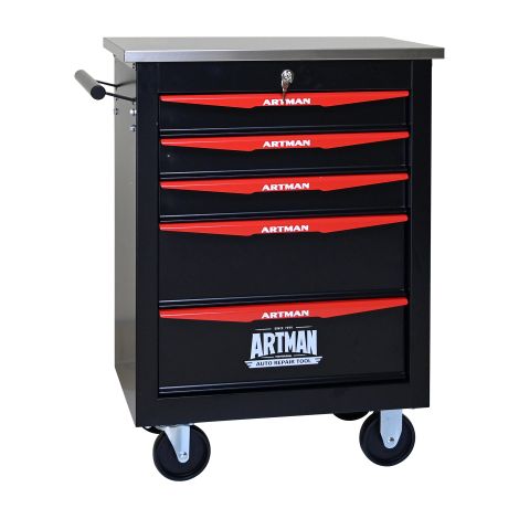 Chariot à outils 5 tiroirs métal roues toit acier inoxydable noir et rouge (1/5)