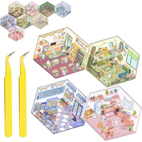 4-teiliges 3D-Sticker-Set mit Pinzette – 3D-Sticker zum Selbermachen – Sticker-Motive für Erwachsene und Kinder – Mini-Zimmer-Stickerbuch (1/5)