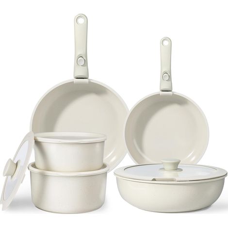 11 PCS Set Poele et Casserole Induction Antiadhésive en Granit, Blanc Batterie de Cuisine Tout Feux, Inclure Poêle/Casserole/Wok, Poignee Amovible pour Camping, Compatible Lave-vaisselle et Fours (1/5)