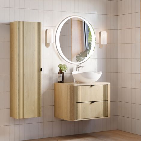 Waschtisch und Hängesäule 80cm Mila mit 2 Schubladen, Helle Eiche