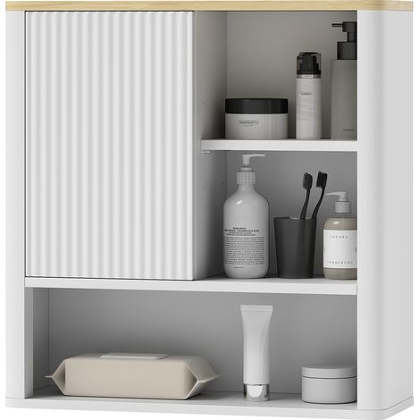 Meuble de salle de bain mural avec porte coulissante, 5 compartiments et étagères réglables, 60 x 20 x 62 cm, blanc (1/5)