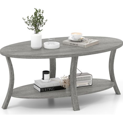 Table Basse Ovale à 2 Niveaux avec Étagère de Rangement, Table Basse en Bois d'Hévéa, Table de Salon Rustique pour Maison, Bureau, Gris (1/5)