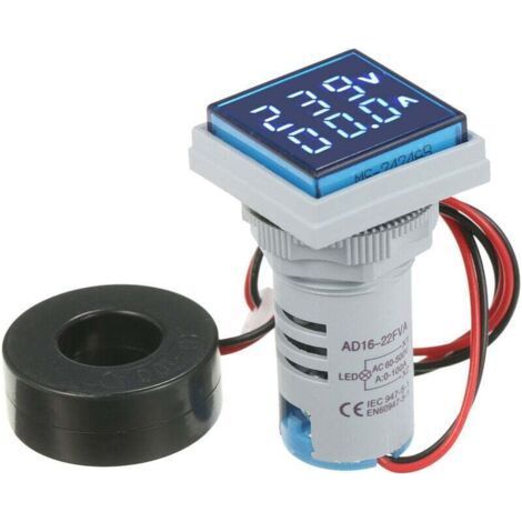 (Blue) Mini Digital Square Volt Ammeter Voltage Meter Ammeter Voltage Meter Dual LED Display Voltage and Current Indicator Monitor AC Panel Meter AC60-500V AC0-100A (1/4)