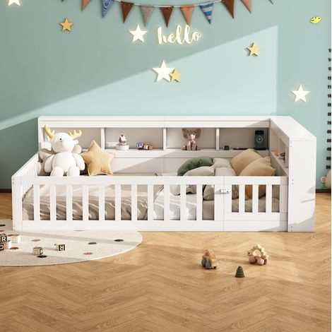 Bett Daybed 140x190 cm modern mit Lattenrost, seitlichem Stauraum, Steckdose und USB, ausziehbarem Geländer, Spanplatte/MDF, Weiß (1/5)