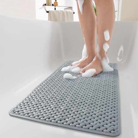 Alfombrilla de baño antideslizante con ventosas y orificios de drenaje, lavable a máquina, ideal para la bañera de los niños (35,5 x 68,5 cm, gris). (1/5)
