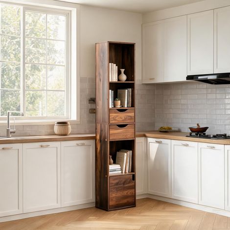 Étagère haute étroite en bois brun avec 3 niches 2 tiroirs et 1 (1/5)