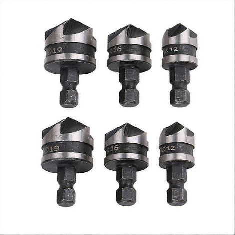 Deux jeux de 3 outils à chanfreiner à cinq arêtes (tige hexagonale, 12/16/19 mm), outil d'ouverture de trou à 90°, compatible avec le bois (1/4)