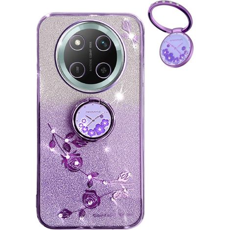 Coque Paillettes pour Honor Magic 7 Lite 5G/Magic7 Lite/X9c, Très Mince Antichoc TPU Bumper Doux Silicone Housse, Délicat Mode Fleurs Ring Holder Stand Bling Femmes Filles Étui. Violet (1/5)