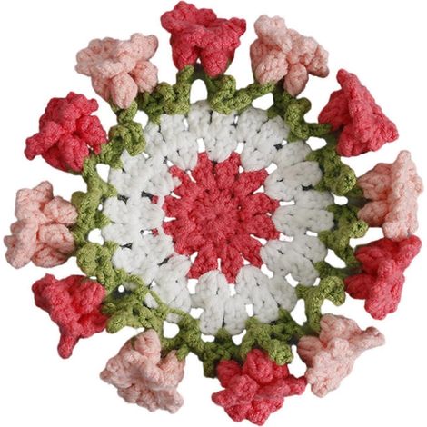 Sous-verre élégant tissé à motif floral crocheté, tapis de table isolant et résistant à la chaleur, rose (1/5)