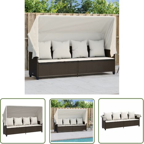 The Living Store Sonnenliege mit Dach und Kissen Braun Poly Rattan - Sonnenliege - Gartenliege - Liege - Outdoor Möbel - Pool Accessoire (1/5)