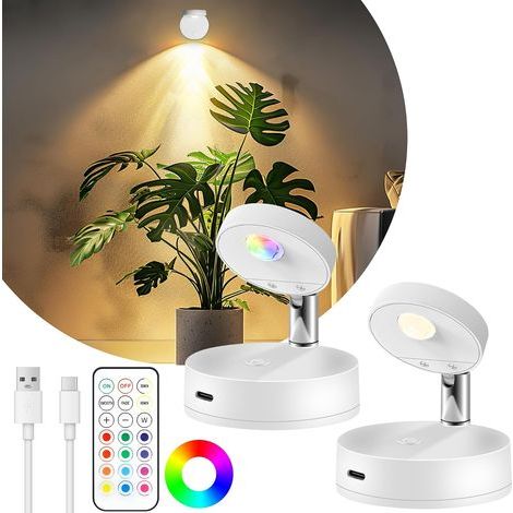 Lot de 2 spots LED rechargeables pour intérieur, éclairage RGB sans fil avec télécommande, lampe magnétique à piles pour tableaux, spots encastrés (1/5)