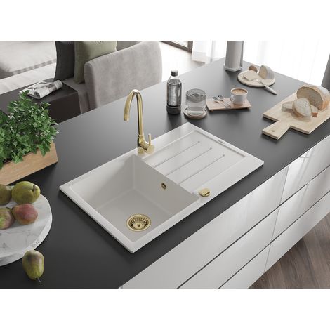 Mexen Bruno évier en granit à 1 cuve avec égouttoir 795 x 495 mm, Blanc, siphon Or - 6513791010-20-G (1/5)