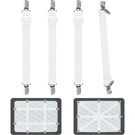 Tendeur Drap Housse pour Linge de Lit 4 Pièces, Réglable Sangles Draps Élastique Sangle de Maintien Ajustable pour Lit ou Canapé d'angle, Matelas, Fauteuil Sièges Coussin (Blanc) (1/4)