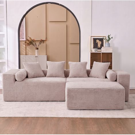 Canapé d’angle modulable 266x110x60 cm en tissu chenille beige, gain de place pour salon FloraGrace (1/5)