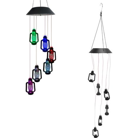 Solar-Öllampe mit siebenfarbigem Windspiel und 6 farbwechselnden LEDs, Retro-Windspiel in einer Ölflasche, Dekoration für Hof und Garten, Retro-Laterne. (1/5)
