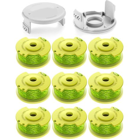 11 spools of 2.0mm trimmer line for Ryobi One+ 18V/24V/40V grass trimmers. Length 3.4m, compatible with AC14RL3A. Includes 9 spools and 2 covers.